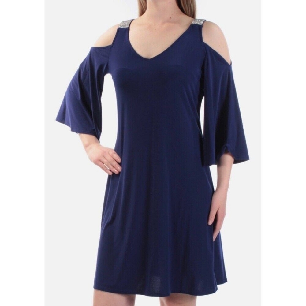 Dressbarn Rhinestone Sleeve Cutout Shoulder Navy Blue Flowy Cocktail Dress Small